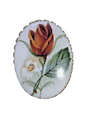 Vintage Floral Oval Brooch With Gold-Tone Backing Hand-Painted Rose Design